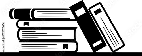 Minimalist black and white illustration depicting stack of books on a shelf, with one book leaning.
