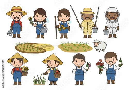 Cute cartoon farmer characters and agricultural elements set.