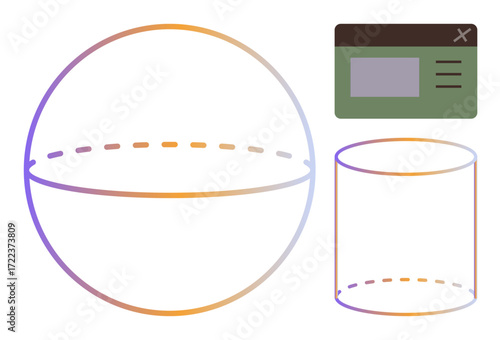 Sphere with dashed cutline, cylinder, and a web interface window with gradient colors. Ideal for geometry, education, technology, creativity, user interface, web design and simple flat metaphor