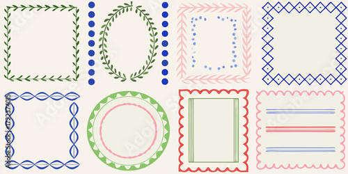 Collection of hand drawn decorative frames and borders in various shapes and colors