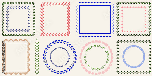 Collection of decorative hand drawn floral and geometric frames and borders in various colors and shapes