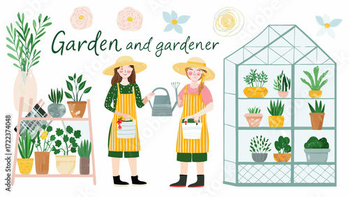 Two women in straw hats and aprons tending to plants in a garden with a greenhouse and plant stand