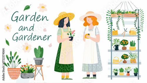 Two women gardeners with plants and gardening tools on a shelf