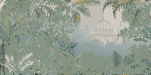 Misty jungle foliage frames a distant view of an ancient architectural ruin with domes and arches