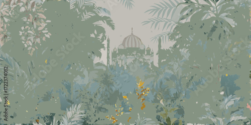 Mughal palace silhouette emerging through lush tropical jungle foliage in muted green tones