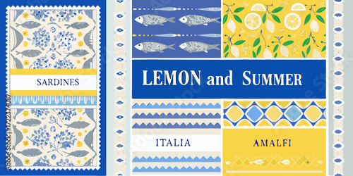 Colorful italian summer collage featuring sardines lemons and amalfi coast motifs