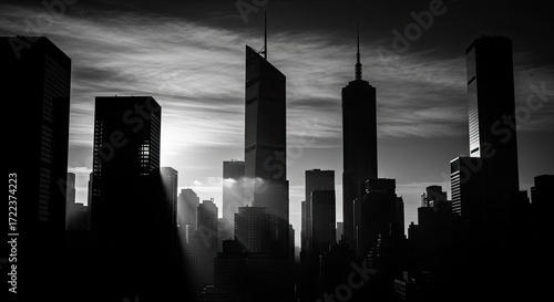 Silhouetted cityscape featuring tall skyscrapers against a dramatic, cloudy sky, with light rays piercing through the buildings.