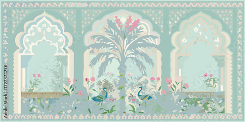 Enchanting mughal garden scene with peacocks and palm trees viewed through arched windows