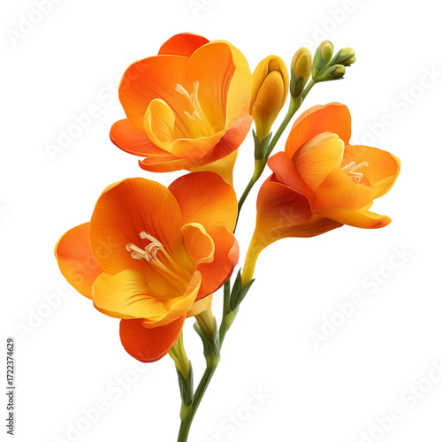 Vibrant Orange Freesia Flowers with Delicate Petals and Buds Isolated On Transparent Background.