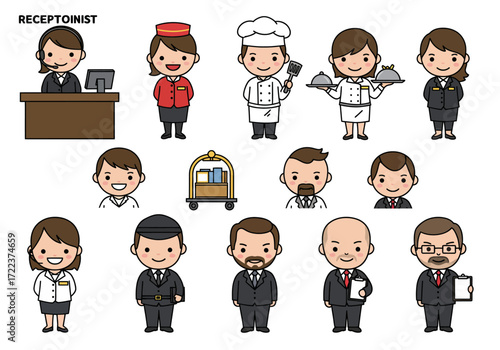 Hotel Staff and Service Personnel in Various Uniforms.