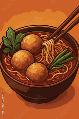 Vector illustration of a delicious bowl of Indonesian meatball soup (bakso) with noodles, fresh vegetables, and chopsticks lifting noodles. Perfect for food design, culinary promotion, restaurant menu