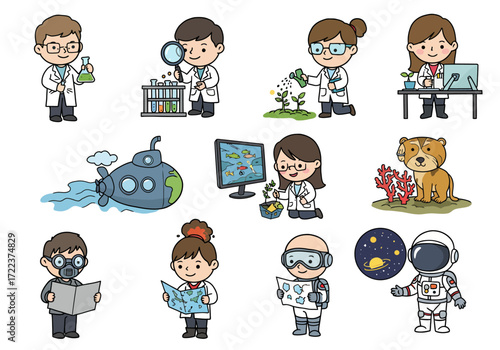Set of Adorable Science and Exploration Character Illustrations.