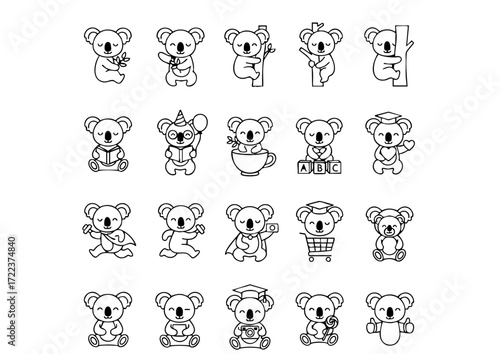 Koala Cuddles: 25 Vector Icons, Monochrome Koalas in Action, The Koala Icon Collection