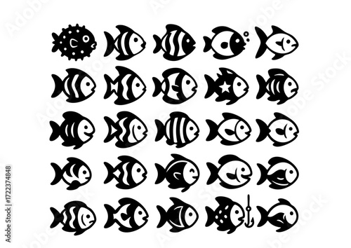 Fish Icon Vector, Monochrome Marine Life Icons, A School of Vector Fish