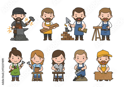 Set of Cute Cartoon Artisan and Craftspeople Characters.