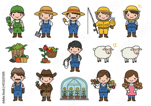 Set of cute cartoon farmers and farm animals.