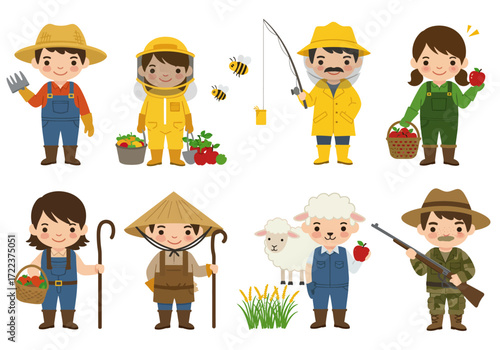 Set of Cute Cartoon Farmers and Rural Profession Characters.