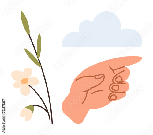 Hand gesture directs attention toward a soft cloud with a flowering branch adjacent. Ideal for direction, nature, growth, mindfulness, guidance, symbolism of connection, simple flat metaphor