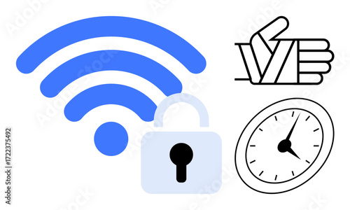 wireless signal icon, padlock, analog clock, and thumbs-up represent digital access, security, efficiency, and user satisfaction. Ideal for technology, cybersecurity productivity communication