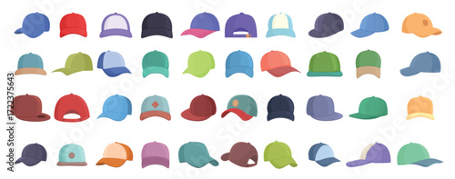 Cap icons set cartoon vector baseball hat