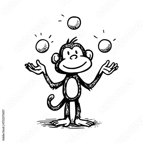 Monkey juggling balls cartoon drawing black and white sketch illustration ape circus animal funny character art vector