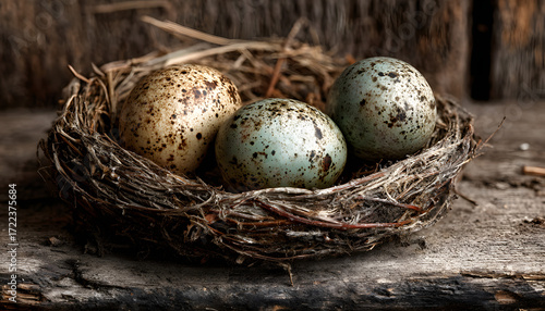 birds nest with eggs resting on a rustic wooden surface