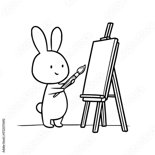 Cute bunny artist painting on canvas with paintbrush illustration coloring page vector drawing for kids and adults