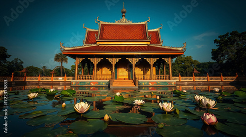 Vibrant and Symmetrical: A Traditional Thai Pavilion and its Reflection on a Lotus-Filled Pond