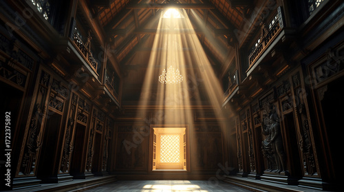 Heavenly Glow: Dramatic Light Beams Piercing Through a High Window in an Ancient Thai Sanctuary