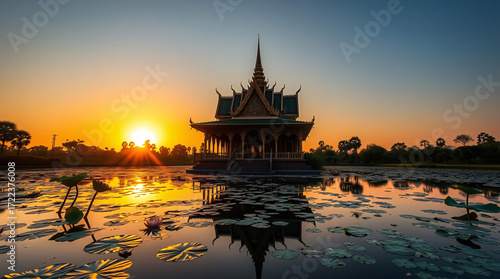 A Poetic Reflection of a Thai Pavilion at Sunrise, with Majestic Golden Light Spilling Across a Lily-Filled Lake