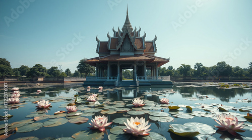 A Sunny Day at a Serene Floating Pavilion, Surrounded by Blooming Water Lilies