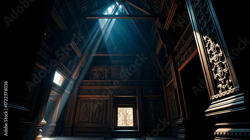 Sunlight Streaming Through the Ornate Roof of an Ancient Sacred Hall
