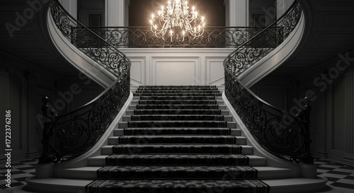 Grand, ornate, double staircase in a luxurious mansion interior, illuminated by a crystal chandelier.