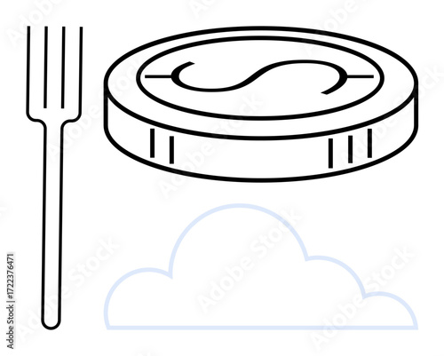 Coin with dollar sign, fork, and cloud symbolizing digital payments, online food delivery, fintech, cloud computing, e-commerce, economic growth and data storage. Ideal for simple flat metaphor