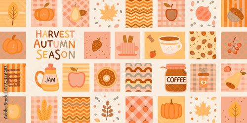 Harvest autumn season collage featuring pumpkins apples pears coffee jam and leaves