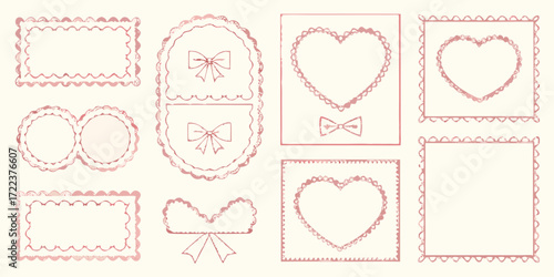 Collection of decorative rose gold frames and borders with scalloped edges and bows on a cream background