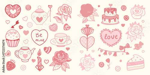 Collection of cute pink valentines day icons including hearts roses cupcakes teapots and cakes