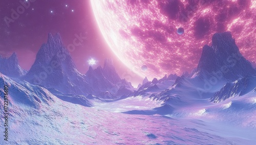 Pink alien landscape with snow-capped mountains and a large, vibrant pink sun