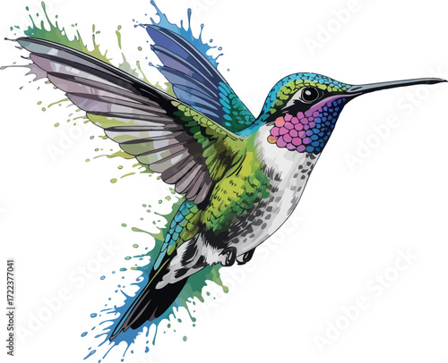 This image captures a vibrant hummingbird in mid-flight, surrounded by dynamic splashes of colorful paint.