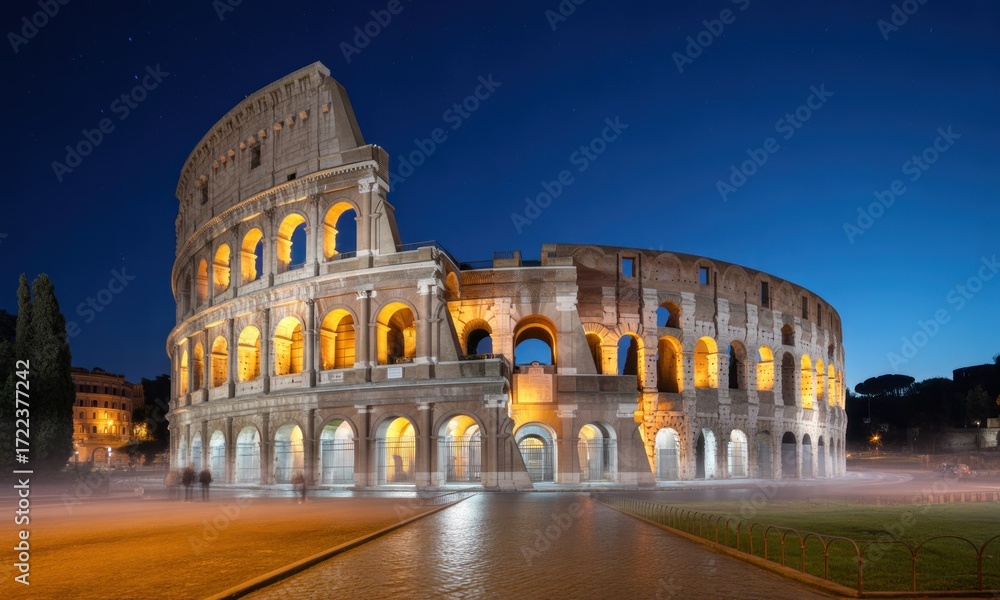 Naklejka premium Ancient Roman Colosseum at night, bathed in warm light