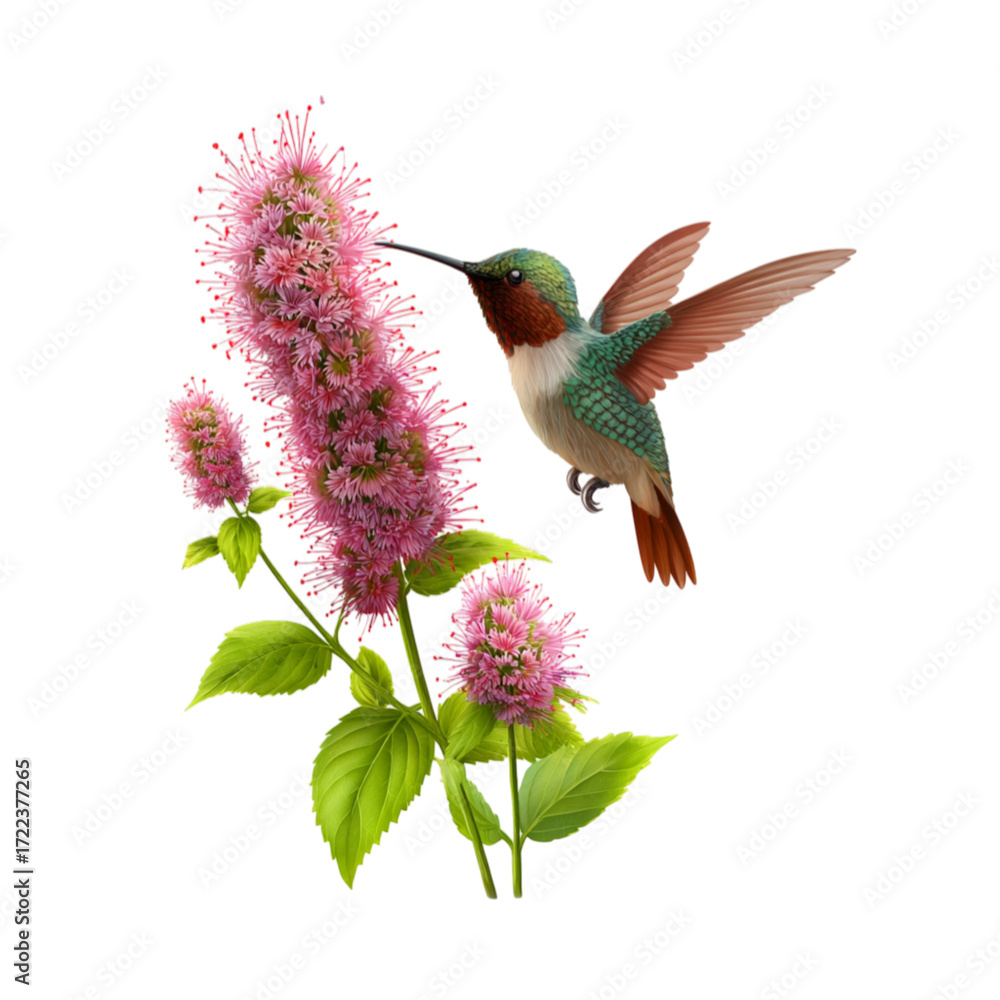 Fototapeta premium Hummingbird Feeds on Delicate Pink Flower Blossoms in Natural Setting Isolated On Transparent Background.