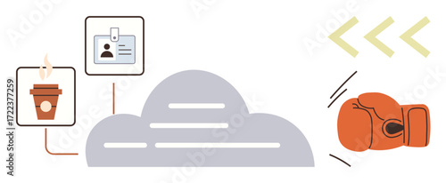 Coffee cup, ID badge, abstract cloud, and boxing glove symbolizing work, identity, leisure, and strength. Ideal for work-life balance, identity energy cloud storage resilience focus simplistic