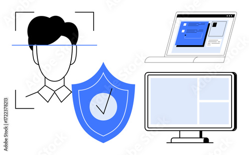 Outlines face scanning, shield for security, laptop, and monitor interface. Ideal for cybersecurity, facial recognition, user data privacy, online authentication, digital identity technology system