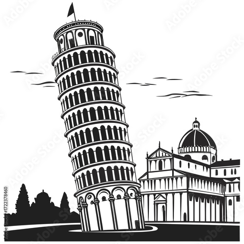 "Leaning Tower of Pisa silhouette art Italy skyline poster, iconic tilted architecture world landmark illustration, black and white minimalist travel wall decor for cultural heritage lovers"