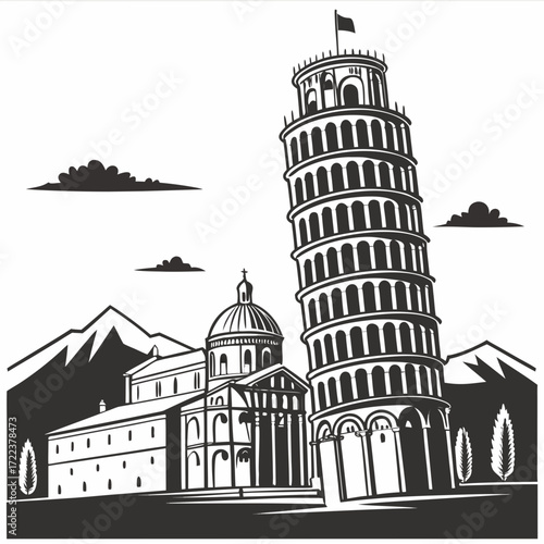 "Leaning Tower of Pisa silhouette art Italy skyline poster, iconic tilted architecture world landmark illustration, black and white minimalist travel wall decor for cultural heritage lovers"