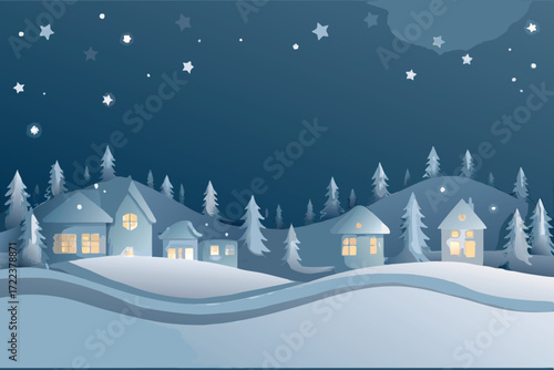 Peaceful winter night scene with snowy houses and illuminated windows