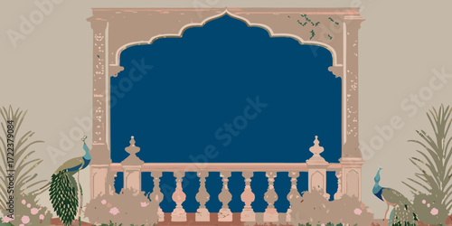 Ornate indian archway balcony with peacocks and floral garden