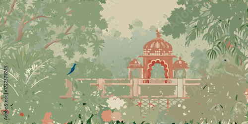 Tranquil indian garden scene with a red pavilion and a blue bird amidst lush greenery and flowers