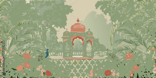 Tranquil indian garden scene with a decorative pavilion and peacocks amidst lush foliage and flowers