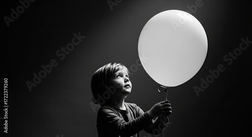 A young child gazing upwards at a large, white balloon held in their hand, illuminated against a dark background.